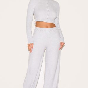 Ash Grey Brushed Rib Wide Leg Trousers