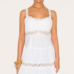 Petite White Tiered Mini Dress With Lace Details
