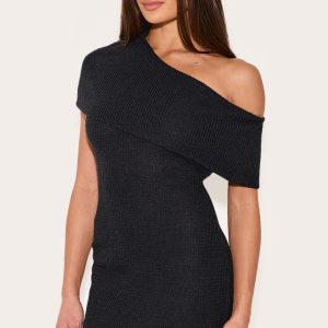 Black Brushed Rib Asymmetric Bodycon Dress