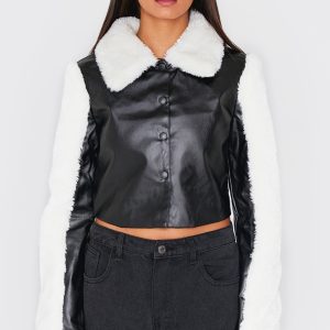 Black Bonded Sleeves Faux Leather Jacket