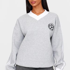 Petite Light Grey Oversized Collared Sweatshirt