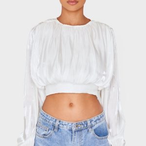 White Organza Pleated Long Sleeve Blouse