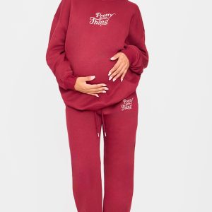PRETTYLITTLETHING Maternity Burgundy Embroidered Wide Leg Joggers