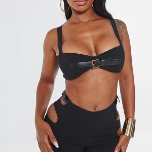 Shape Black Stretch Woven Buckle Detail Crop Top