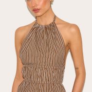 0157064c0b84443f52843f78cc192a3e0ff99852_CNM2669_1_tall_chocolate_stripe_woven_ruched_backless_long_top