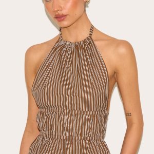 Tall Chocolate Stripe Woven Ruched Backless Long Top