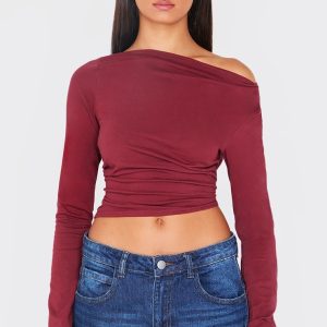 Burgundy Cotton Asymmetric Shoulder Long Top