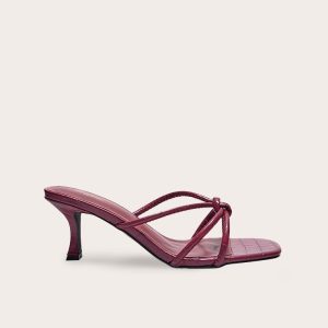 Burgundy Wide Fit Croc Pu Square Toe Knotted Heeled Mules