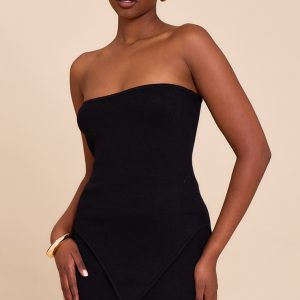 Black Fine Knit Bandeau Asymmetric Hem Top