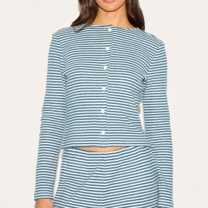 Blue Brushed Rib Striped Long Sleeve Button Up Top