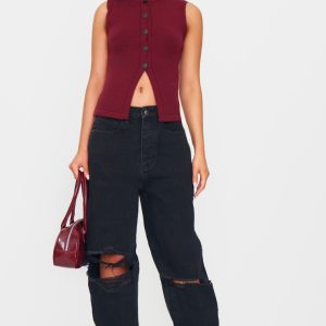 PRETTYLITTLETHING Washed Black Extreme Ripped Hem Boyfriend Jeans
