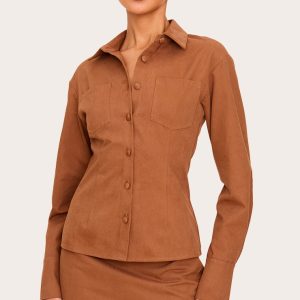 Tan Twill Button Up Cinched Waist Shirt