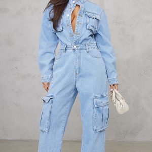 Petite Light Blue Wash Denim Cargo Wide Leg Jumpsuit