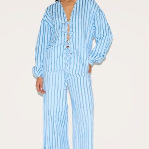 Blue Striped Textured Tie Drawstring Wide Leg Trousers