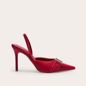 Red Pu Point Toe Buckle Detail Mid Heeled Courts