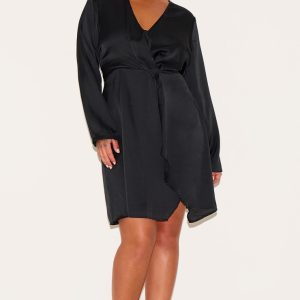 Plus Black Satin Long Sleeve Wrap Dress