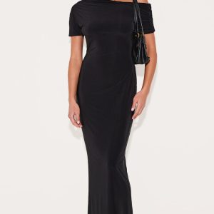 Black Double Layer Slinky Asymmetric Ruched Sleeve Maxi Dress