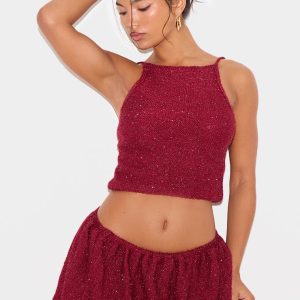 Wine Tinsel Knit Detail Cami Crop Top