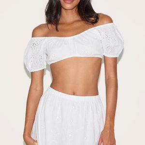 White Broderie Bardot Crop Top