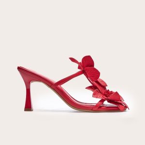 Red Pu Square Toe Multi Flower Detail Mid Stiletto Heeled Mules