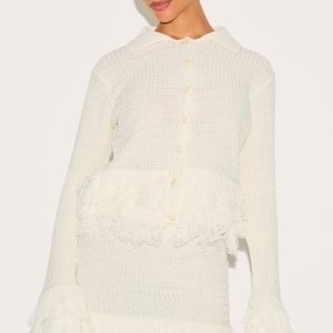 Petite Cream Rib Fringe Hem Knit Skirt
