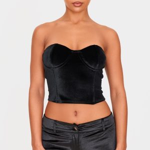 Black Velvet Seam Detail Corset Top