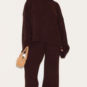 Plus Chocolate Rib Boucle Knit Wide Leg Trousers