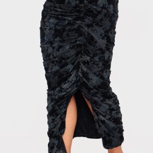 Plus Black Devore Ruched Maxi Skirt