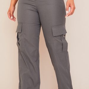 PRETTYLITTLETHING Shape Charcoal Buckle Detail Cargo Wide Leg Trousers