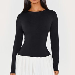 Petite Black Slinky Contrast Pleat Detail Long Sleeve Mini Dress