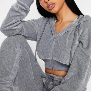 PRETTYLITTLETHING Shape Grey Velour Diamante Extreme Crop Sweater