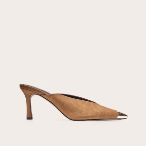 Camel Faux Suede Silver Toe Cap Point Toe Heeled Mules