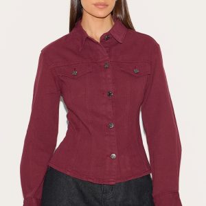 Burgundy Long Sleeve Cinch Waist Denim Jacket