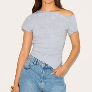 Grey Cotton Off Shoulder Drape Longline Top
