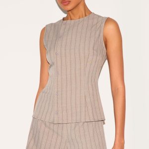 Brown Pinstripe Linen Asymmetric Button Down Playsuit