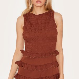 Chocolate Woven Shirred Boat Neck Playsuit
