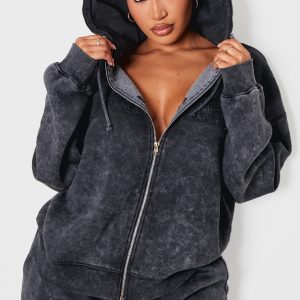 Shape Black Embroidery Washed Zip Through Hoodie