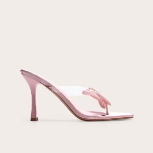 Pink Satin Round Toe Thong Diamante Butterfly Heeled Mules