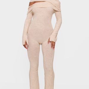 Oatmeal Soft Knit Bardot Foldover Asymmetric Neck Jumpsuit
