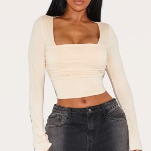 Shape Cream Super Soft Scoop Neck Ruched Bust Long Sleeve Top