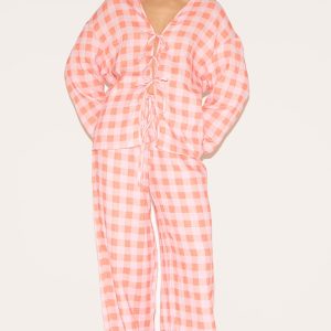 Orange Checked Cheesecloth Tie Waist Wide Leg Trouser
