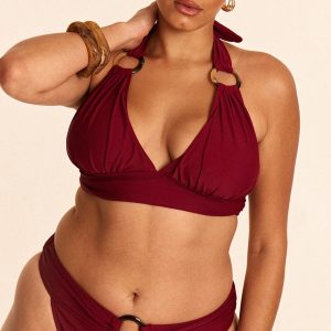 Plus Burgundy O Ring Detail Tanga Bikini Bottoms