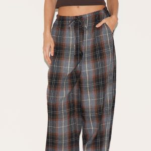 Dark Brown Check Print Drawstring Waist Slouchy Trousers