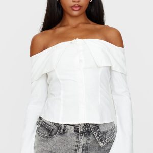 White Bardot Foldover Long Sleeve Top