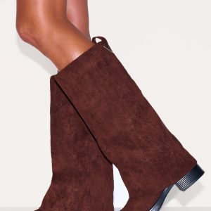 Chocolate Faux Suede Block Heeled Fold Over Knee High Boots