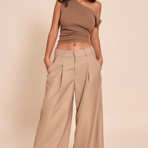 Petite Stone Woven Double Pleat Wide Leg Trouser