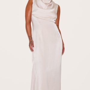 Plus Oyster Satin High Neck Midaxi Dress
