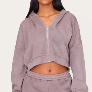 Tall Washed Brown Crop Boxy Zip Through Hoodie