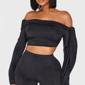 Shape Black Sculpt Wrap Bardot Long Sleeve Top