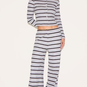 Grey Brushed Rib Striped Mid Rise Wide Leg Trousers